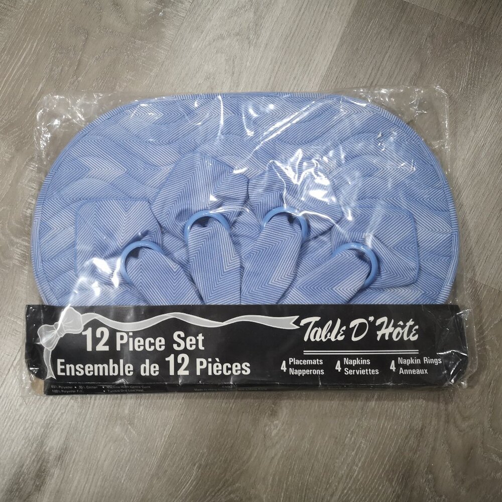 NIP Table D' Hote 12 Piece Set Blue Placemats Napkins & Holders Quilted